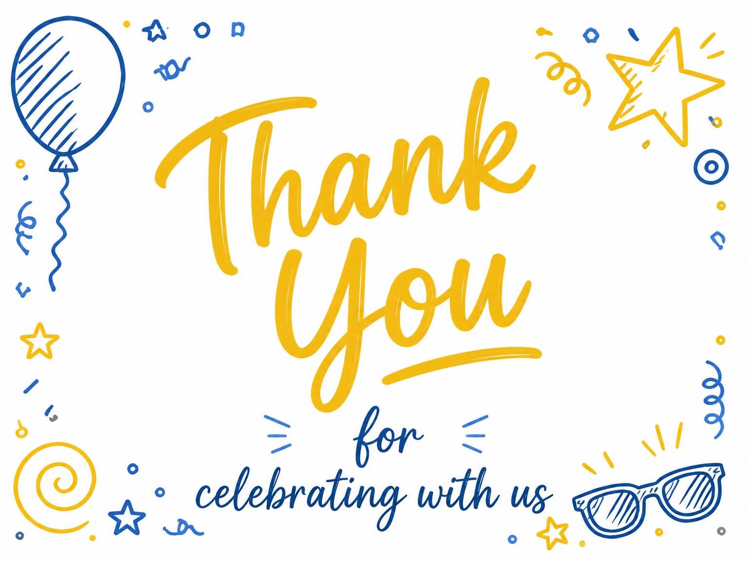 The matching thank-you card for the Blue and Yellow Doodle 16th Birthday invitation