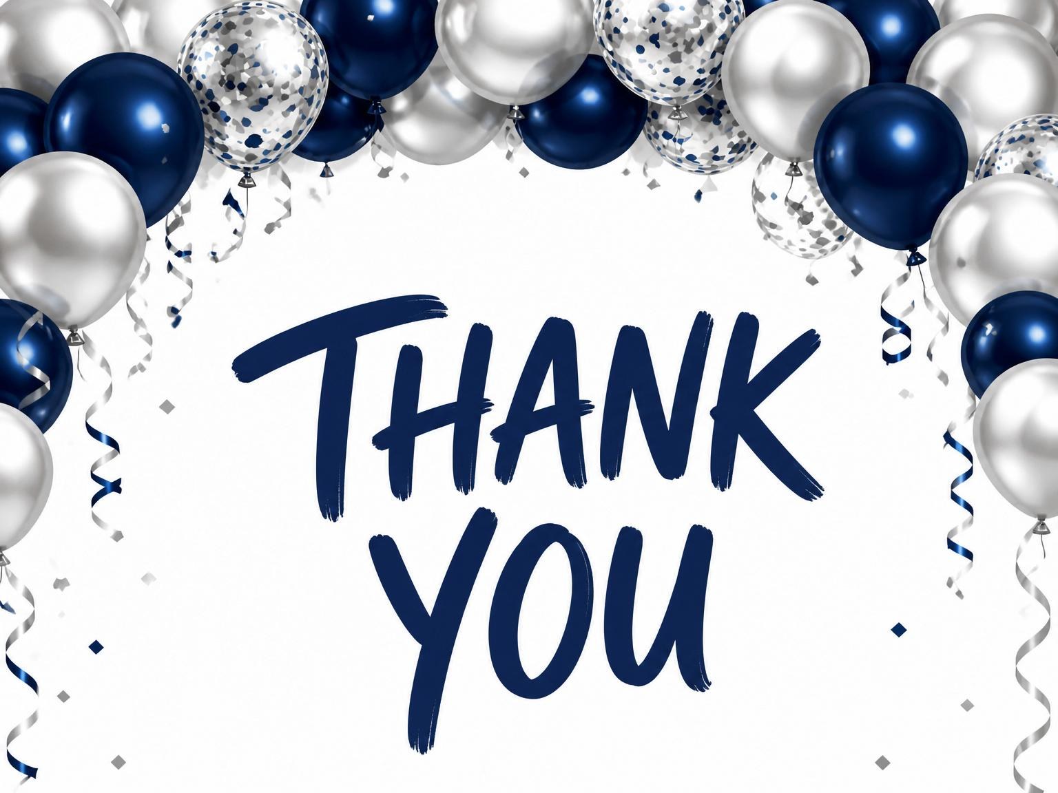 The matching thank-you card for the Navy and Silver Balloon 50th Birthday invitation