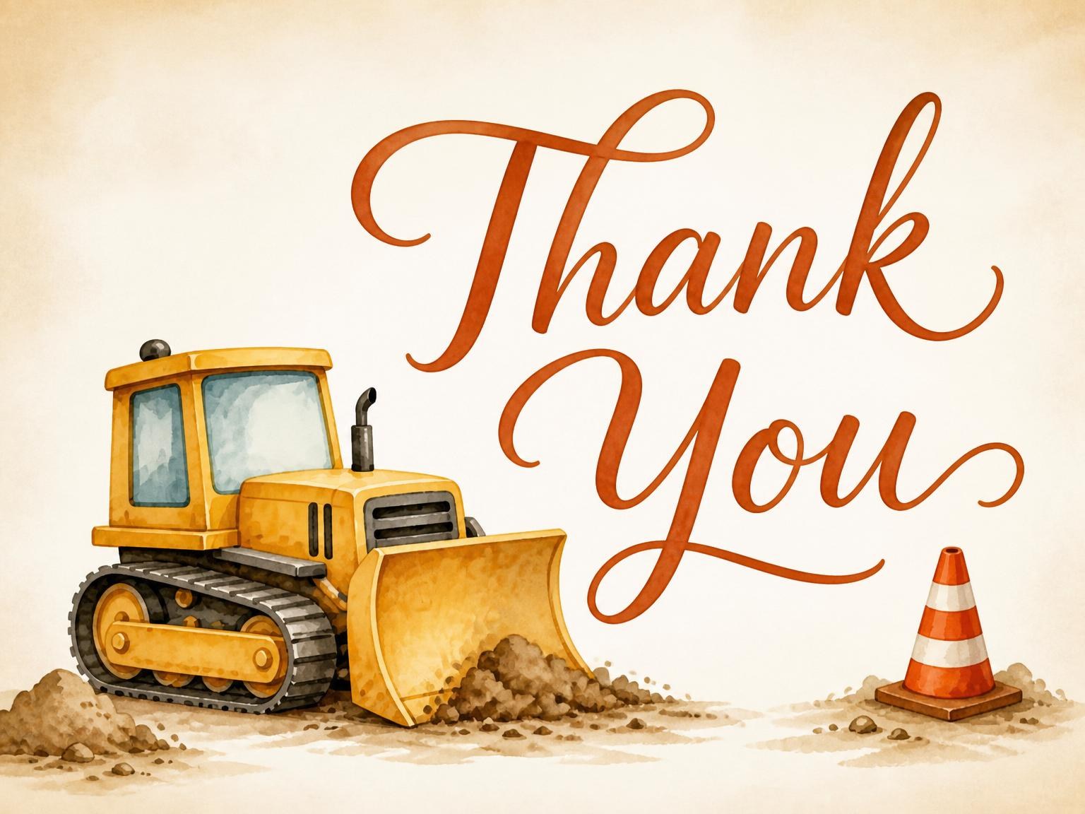 The matching thank-you card for the Watercolor Bulldozer 2nd Birthday Invitation invitation