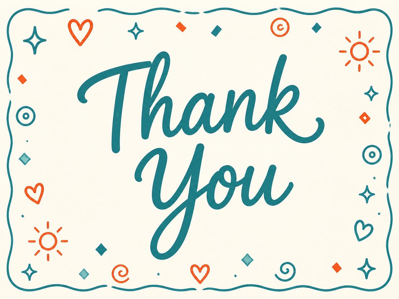 The matching thank-you card for the Teal and Orange Doodle 7th Birthday invitation