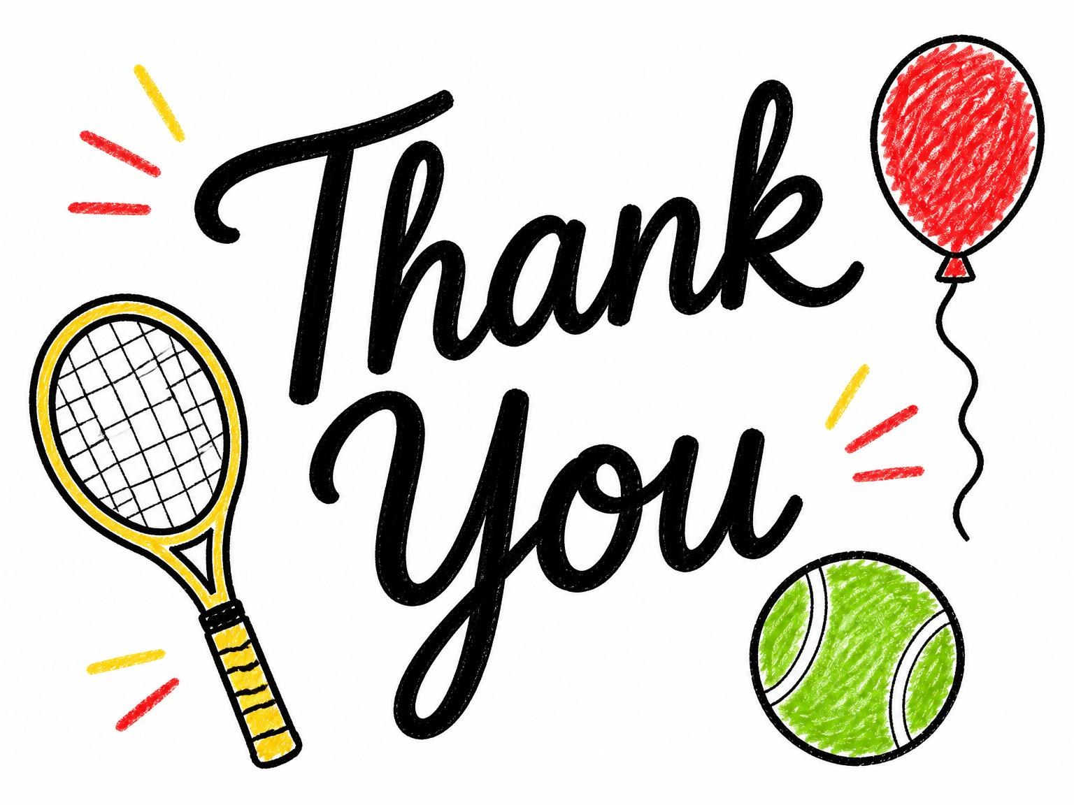 The matching thank-you card for the Crayon Tennis Racket 5th Birthday invitation