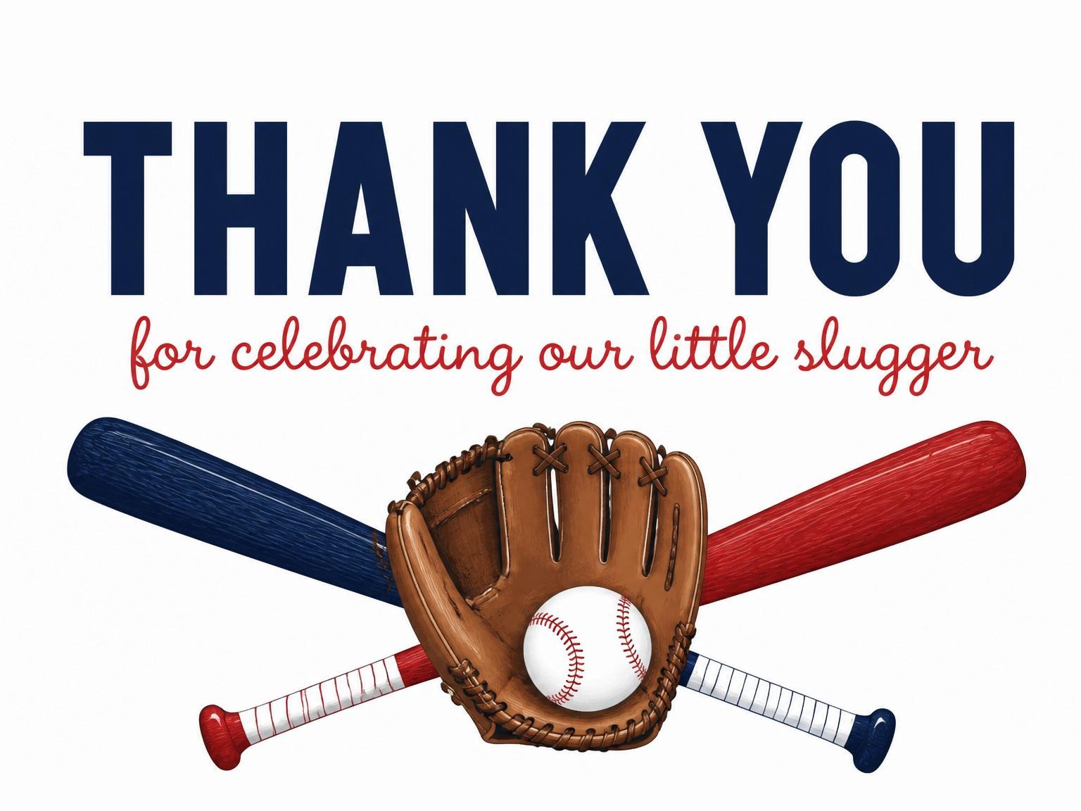 The matching thank-you card for the Red and Navy Baseball Birthday invitation