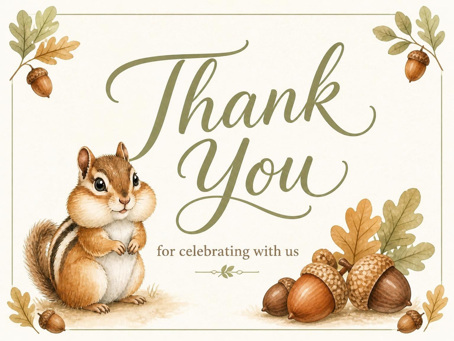 The matching thank-you card for the Watercolor Chipmunk Autumn 2nd Birthday invitation