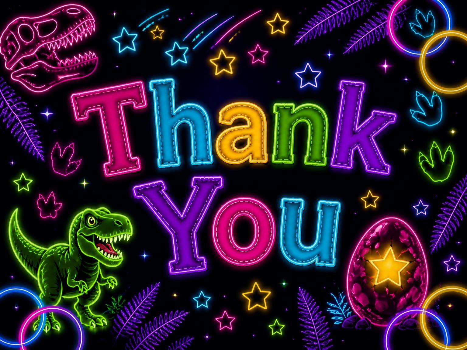 The matching thank-you card for the Neon Dinosaur 3rd Birthday Invitation invitation