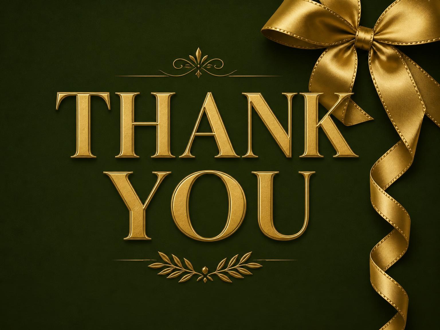 The matching thank-you card for the Gold Ribbon Forest Green 70th Birthday invitation