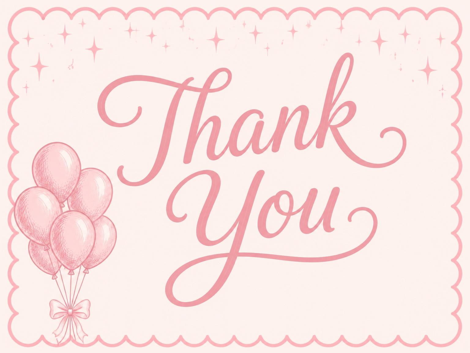 The matching thank-you card for the Pink Balloon Scalloped 8th Birthday Invitation invitation