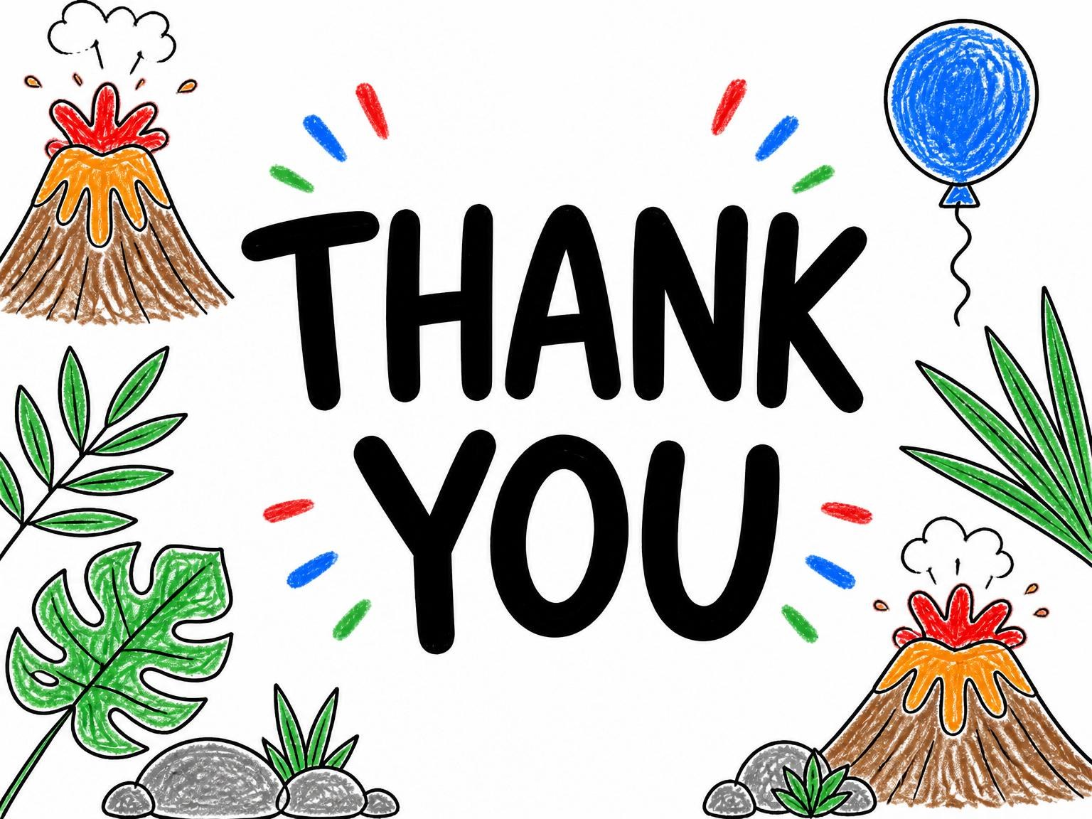 The matching thank-you card for the Crayon Volcano Jungle 2nd Birthday Invitation invitation