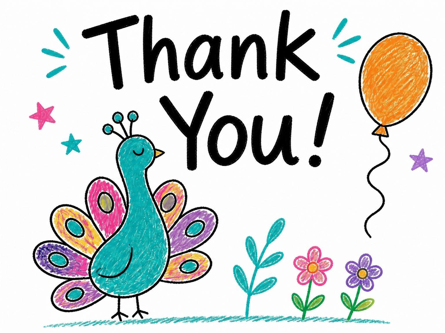 The matching thank-you card for the Crayon Peacock 4th Birthday Party invitation