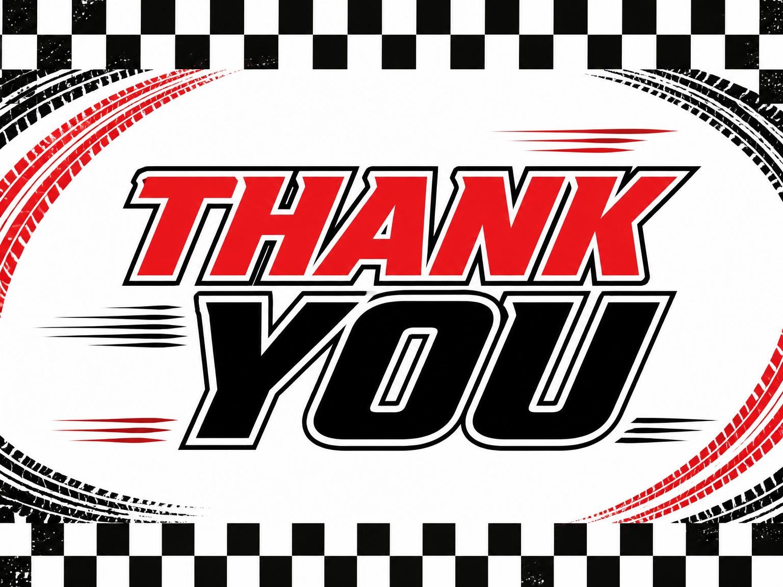 The matching thank-you card for the Checkered Flag Racing 5th Birthday invitation