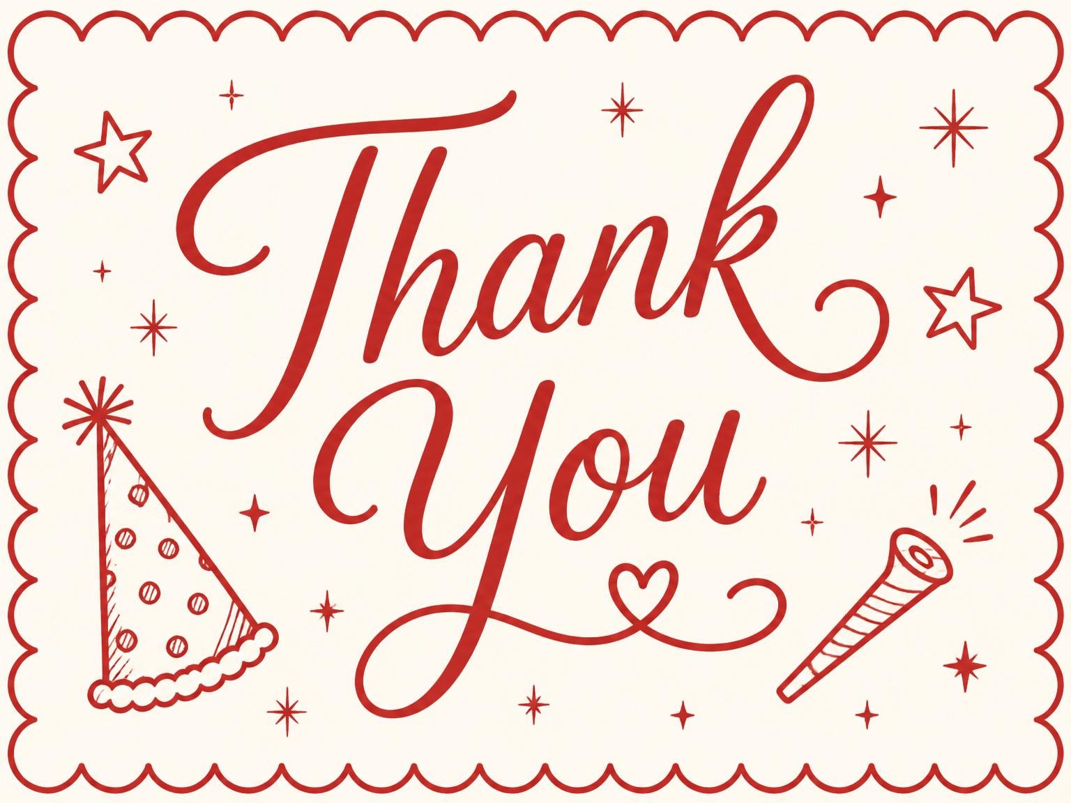 The matching thank-you card for the Red Scalloped Party Hat 11th Birthday invitation