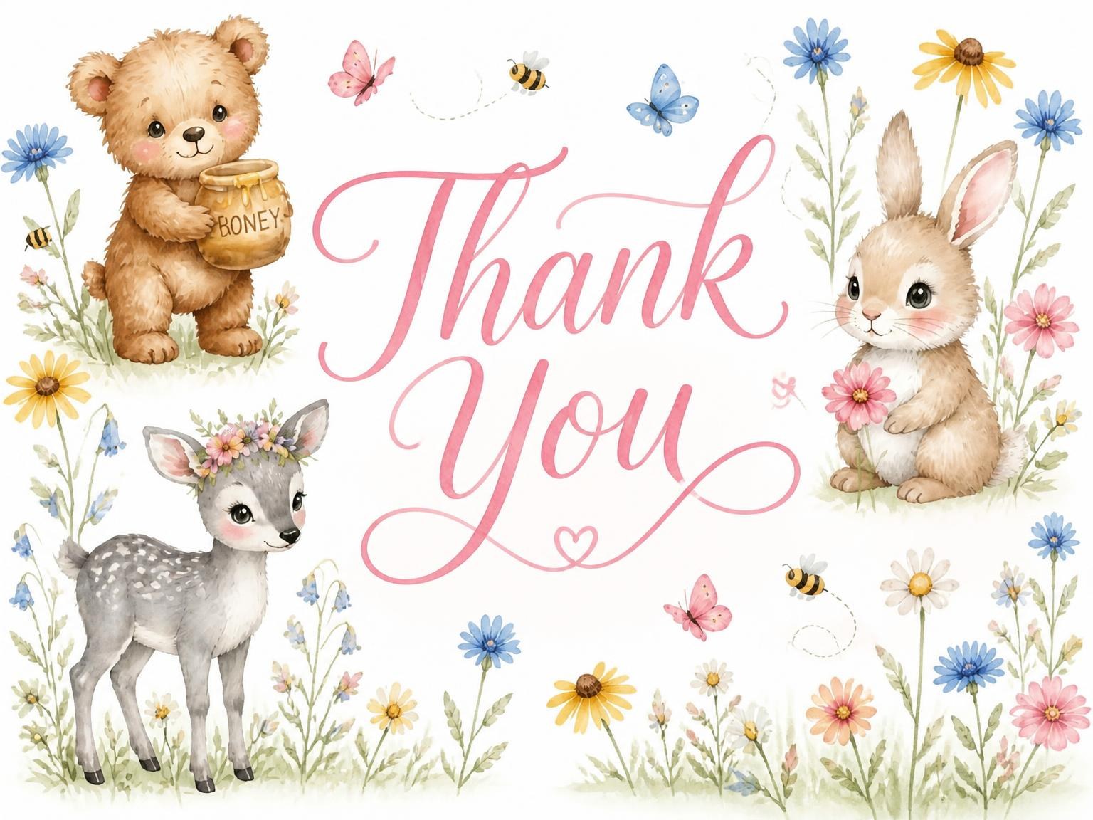 The matching thank-you card for the Watercolor Woodland Animal Birthday Invitation invitation