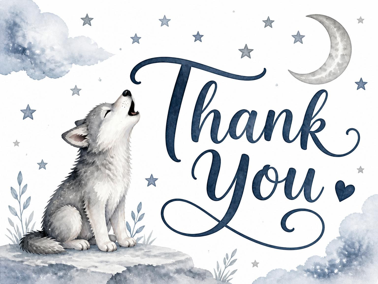 The matching thank-you card for the Charcoal Watercolor Wolf 4th Birthday invitation