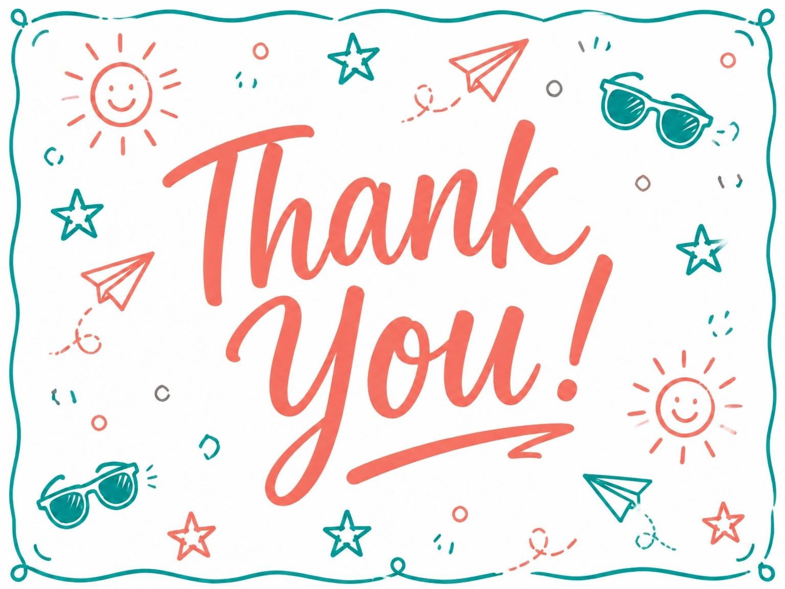 The matching thank-you card for the Coral and Teal Doodle 12th Birthday invitation