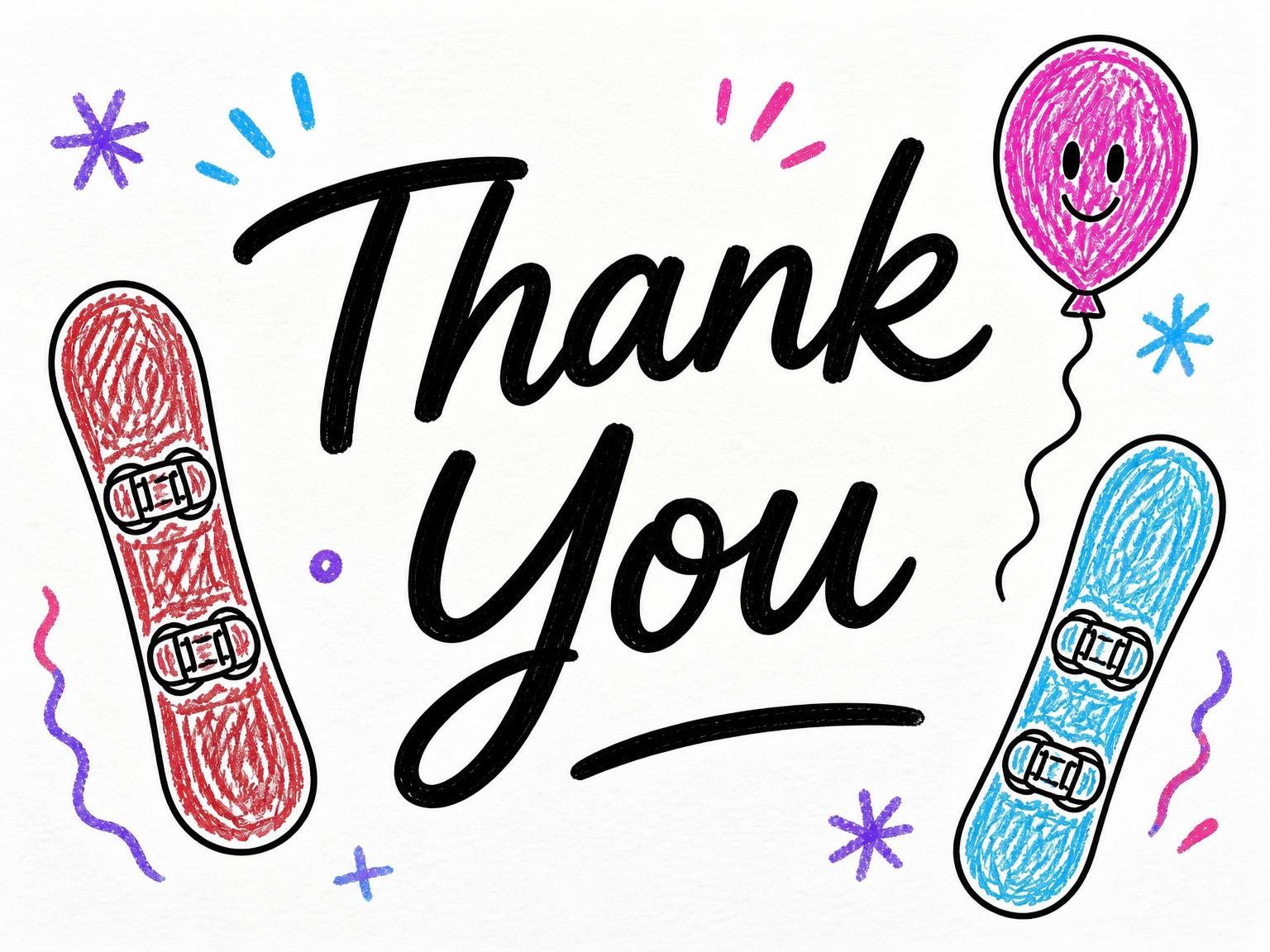 The matching thank-you card for the Crayon Snowboard Illustration 7th Birthday Invitation invitation