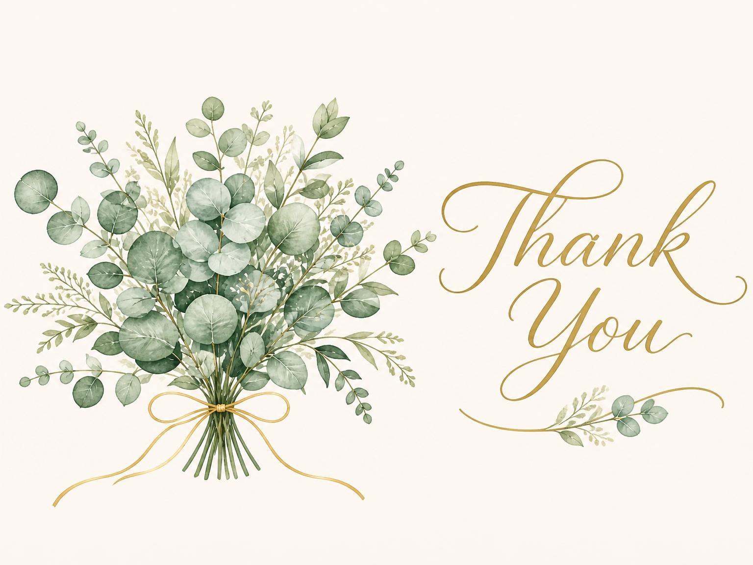 The matching thank-you card for the Watercolor Eucalyptus Gold Ribbon Bridal Shower invitation