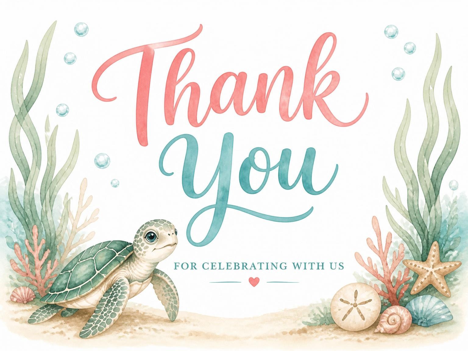 The matching thank-you card for the Watercolor Sea Turtle 4th Birthday invitation