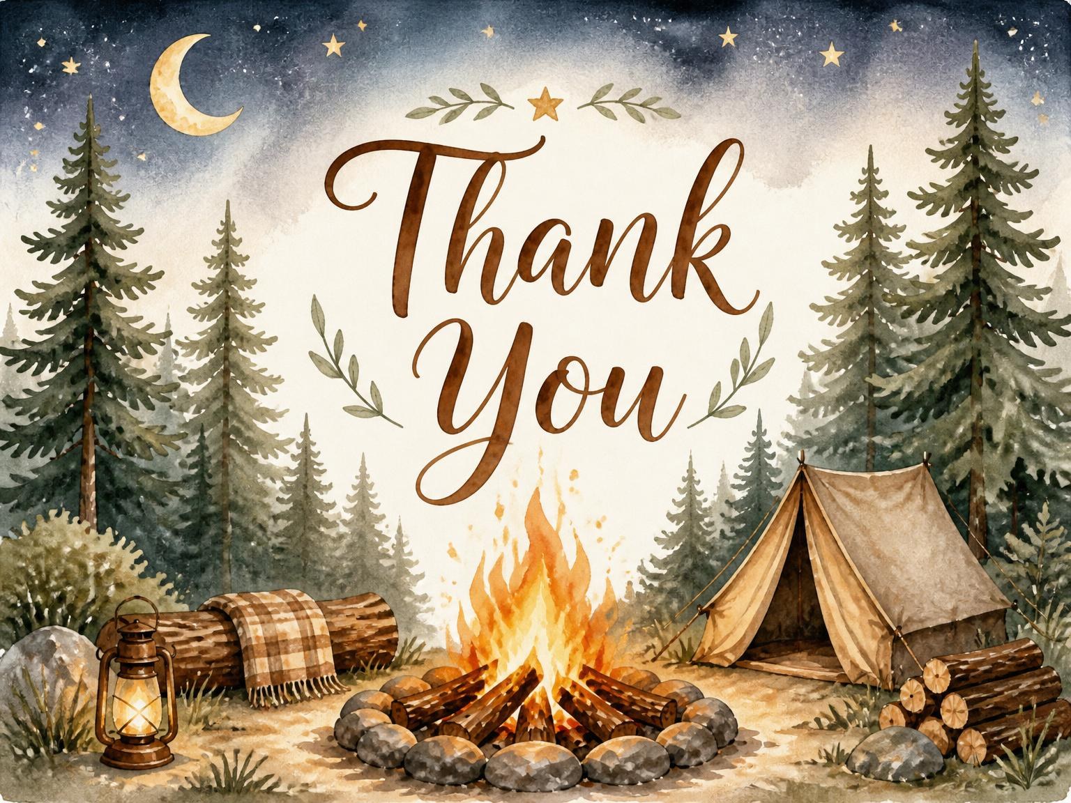 The matching thank-you card for the Watercolor Campfire S'mores 7th Birthday invitation