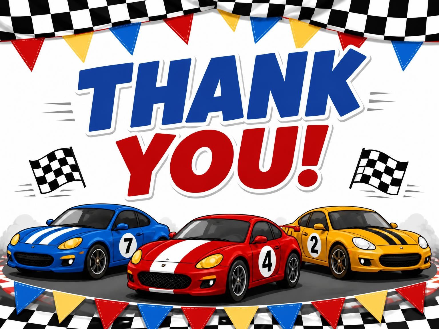 The matching thank-you card for the Cartoon Race Car 4th Birthday Invitation invitation