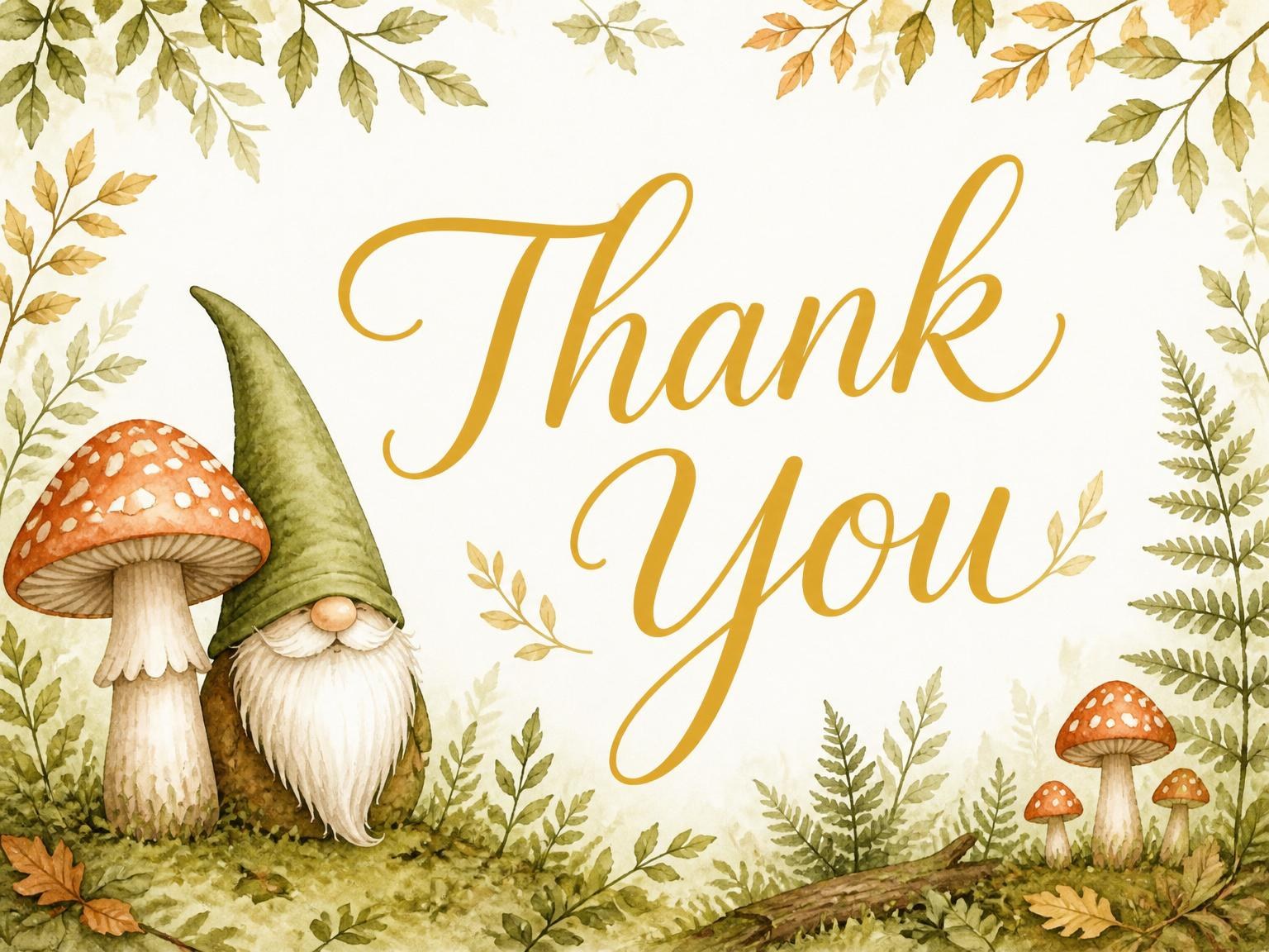 The matching thank-you card for the Watercolor Gnome Garden 2nd Birthday invitation