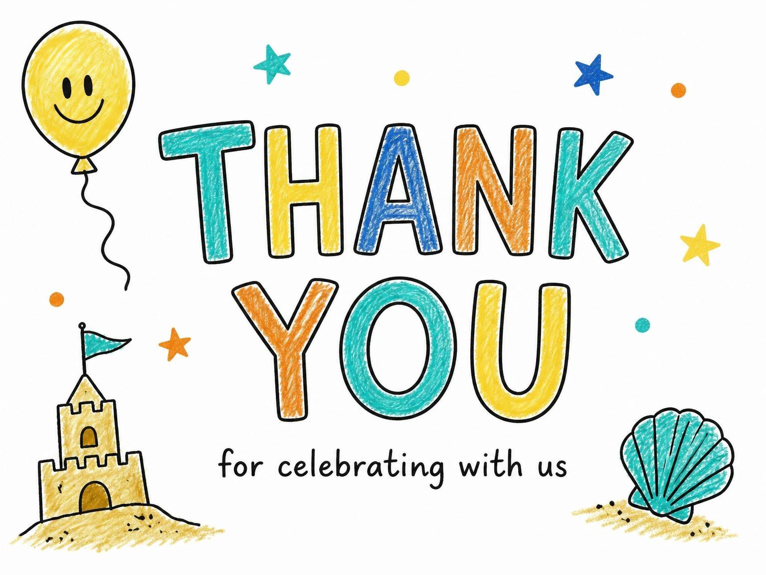 The matching thank-you card for the Crayon Beach Sandcastle 8th Birthday invitation