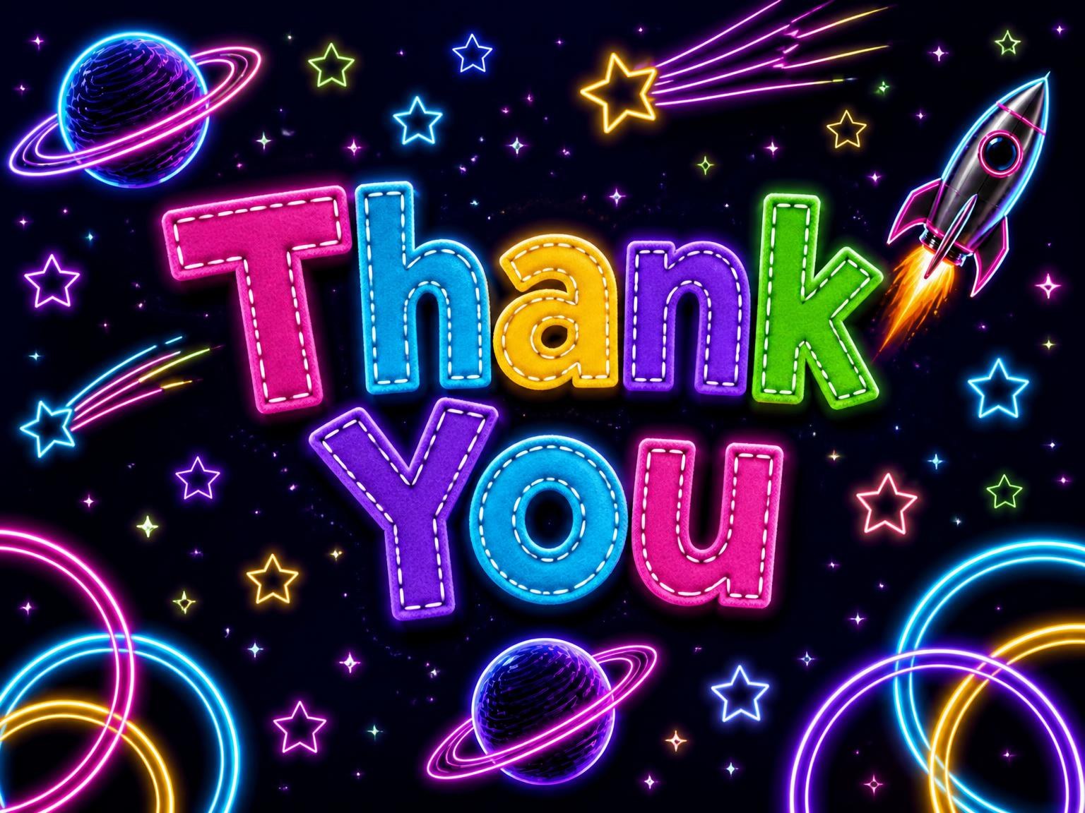 The matching thank-you card for the Neon Space 17th Birthday Invitation invitation