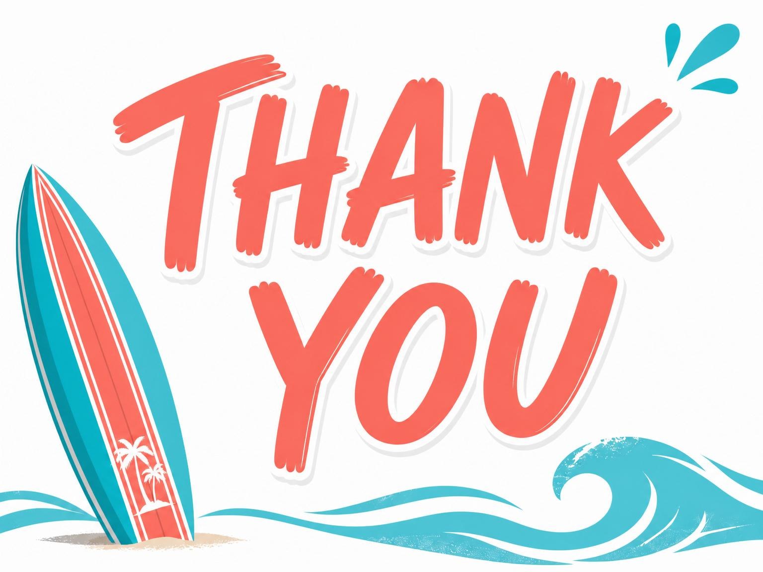 The matching thank-you card for the Surfboard Ocean Wave Beach Party invitation