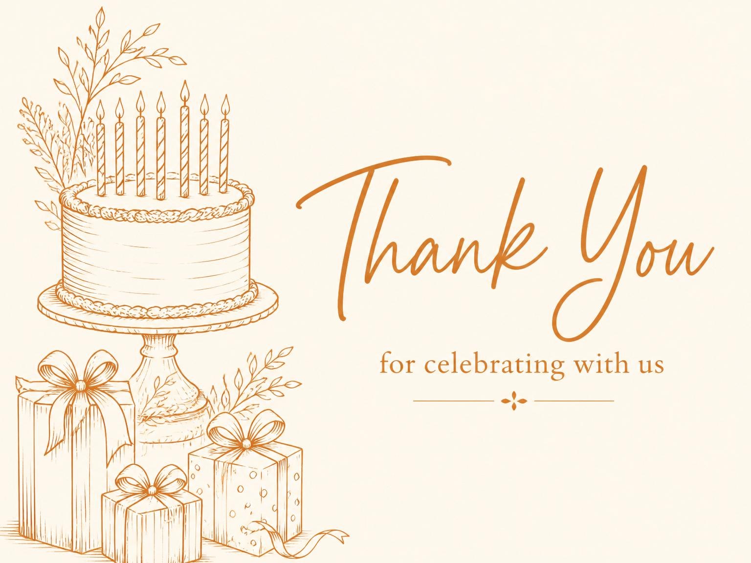 The matching thank-you card for the Orange Ink Cake 60th Birthday Celebration invitation