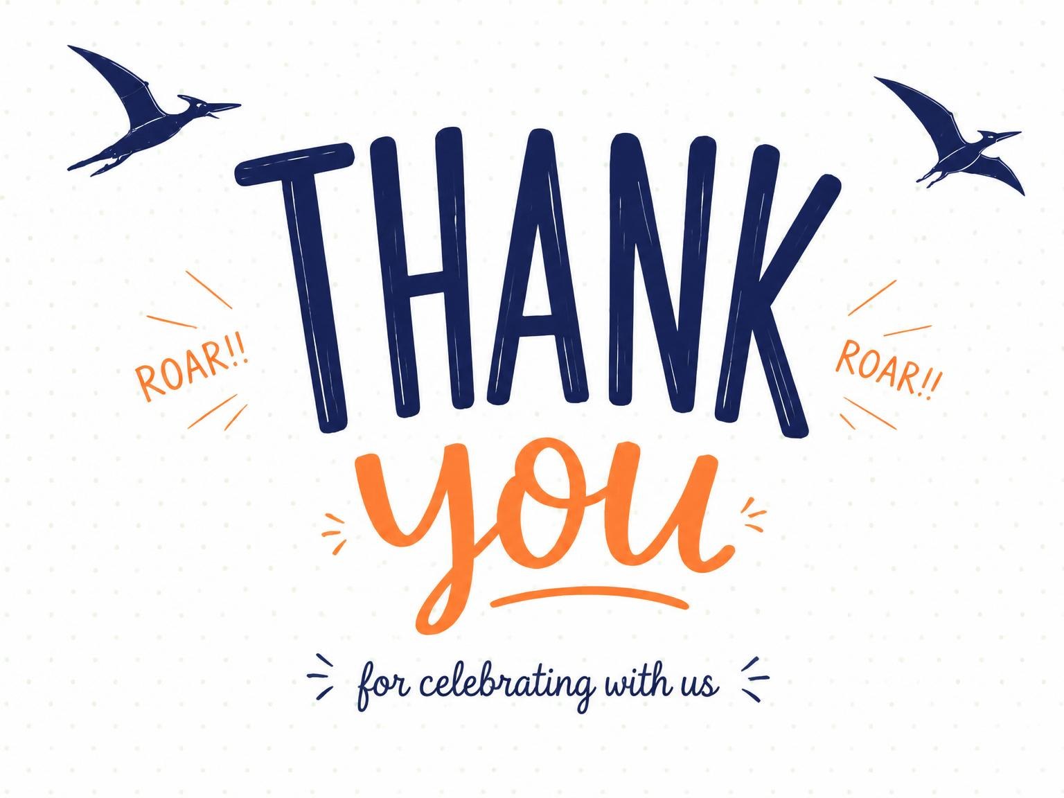 The matching thank-you card for the Roaring T-Rex Third Birthday invitation