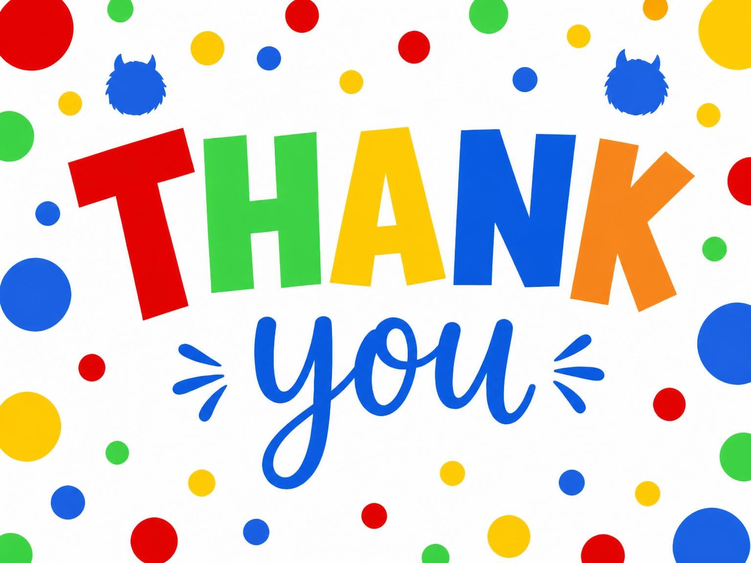 The matching thank-you card for the Grinning Blue Monster First Birthday invitation