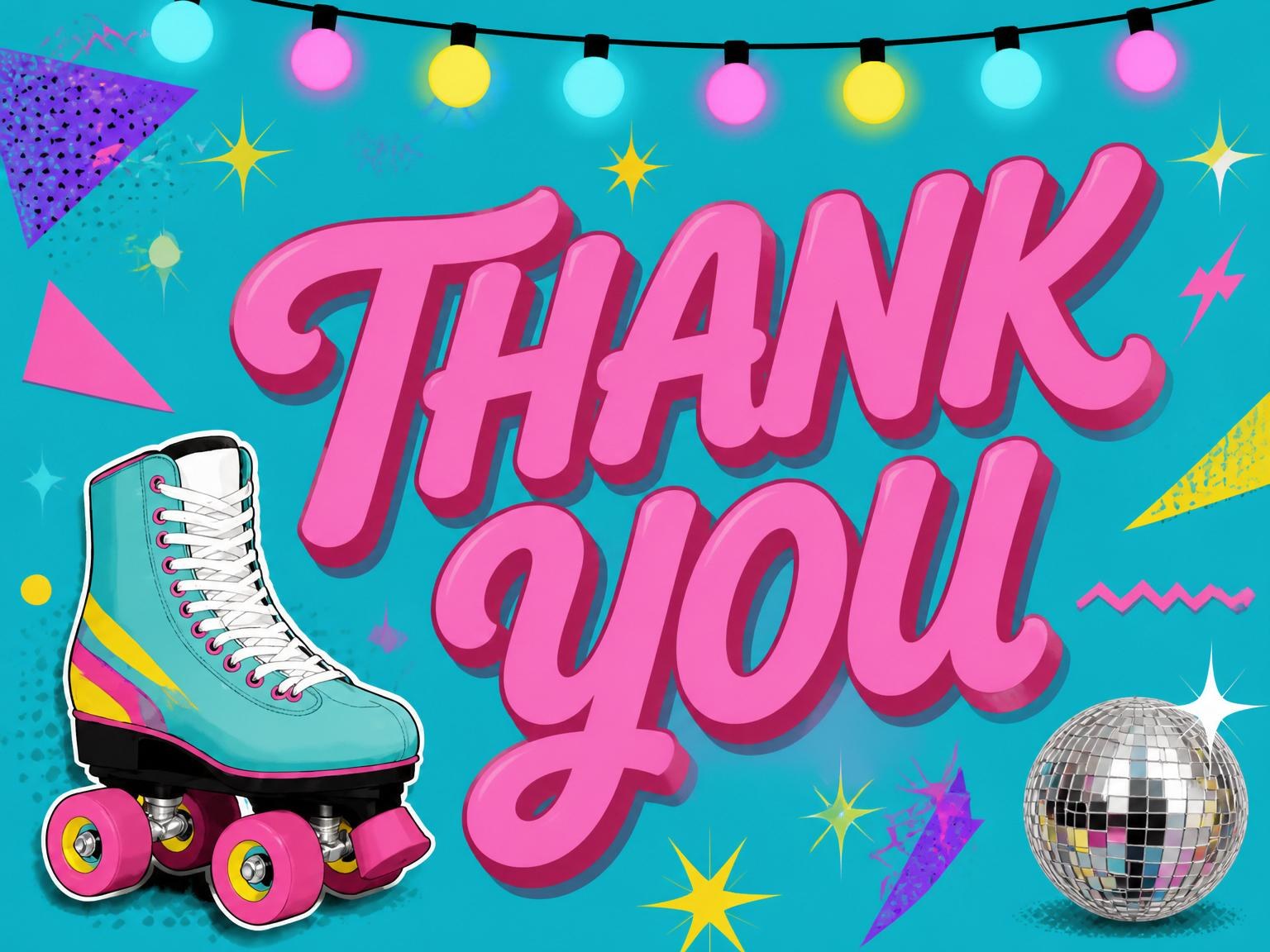 The matching thank-you card for the 80s Teal Roller Disco 16th Birthday invitation