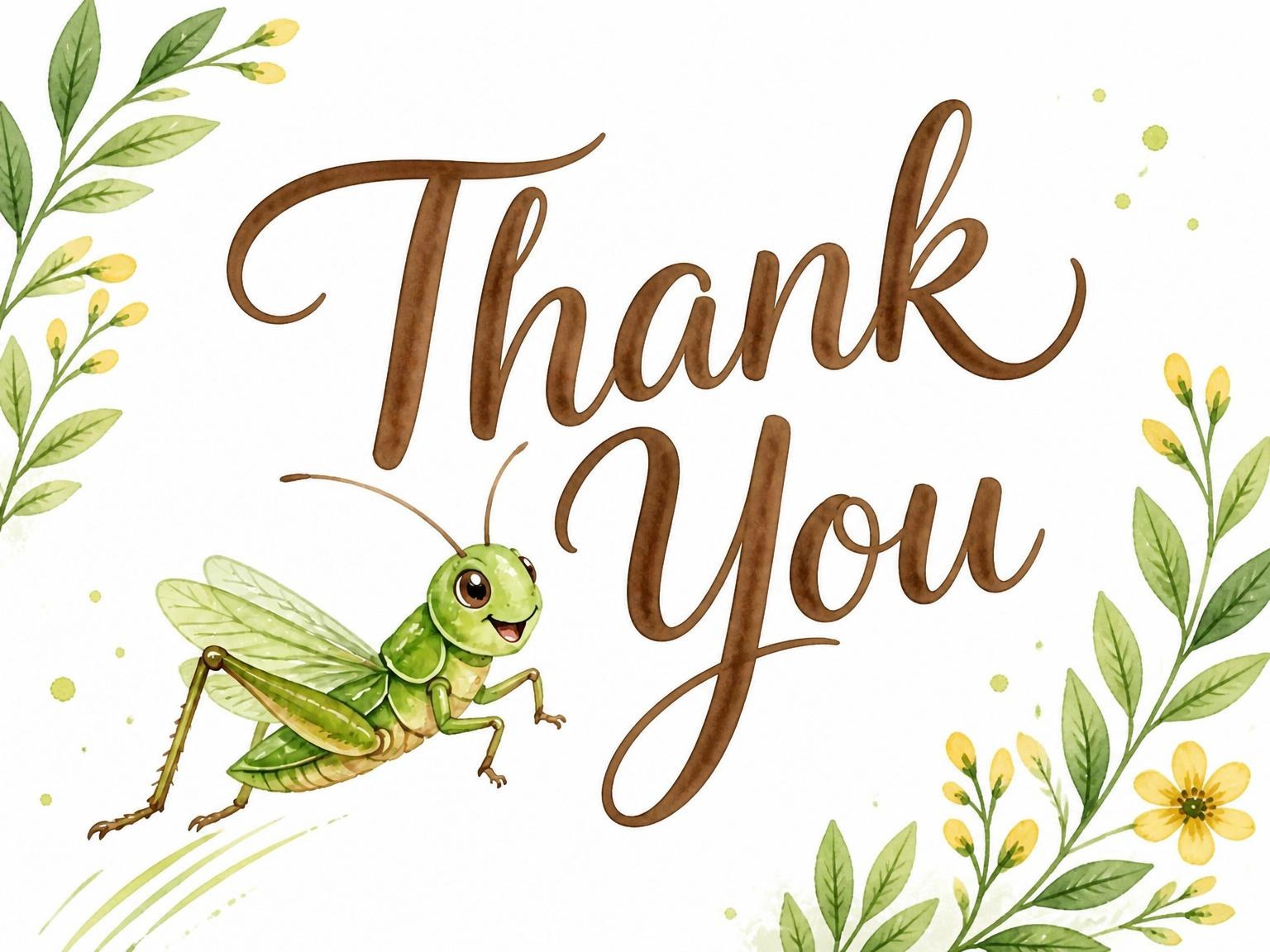The matching thank-you card for the Watercolor Grasshopper Garden 5th Birthday invitation