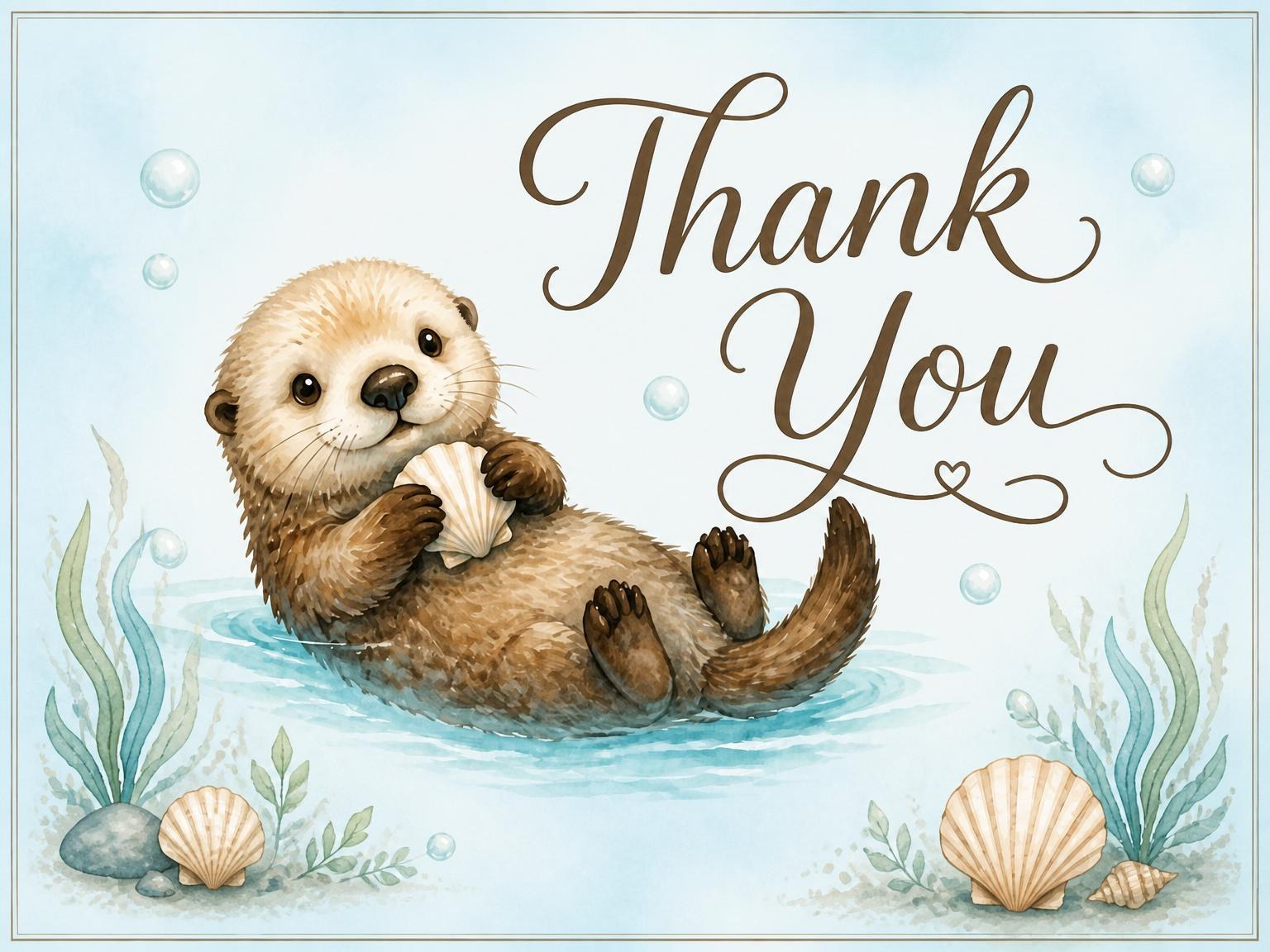The matching thank-you card for the Watercolor Sea Otter 1st Birthday invitation