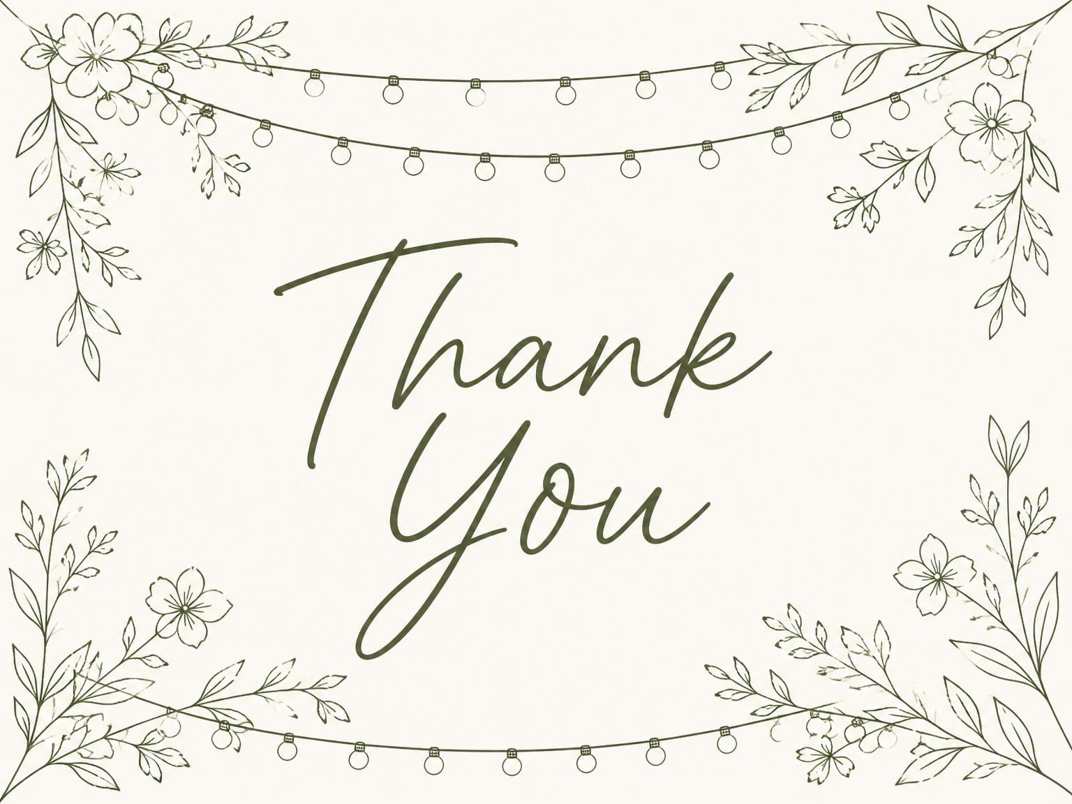 The matching thank-you card for the Olive Floral String Light 30th Birthday invitation