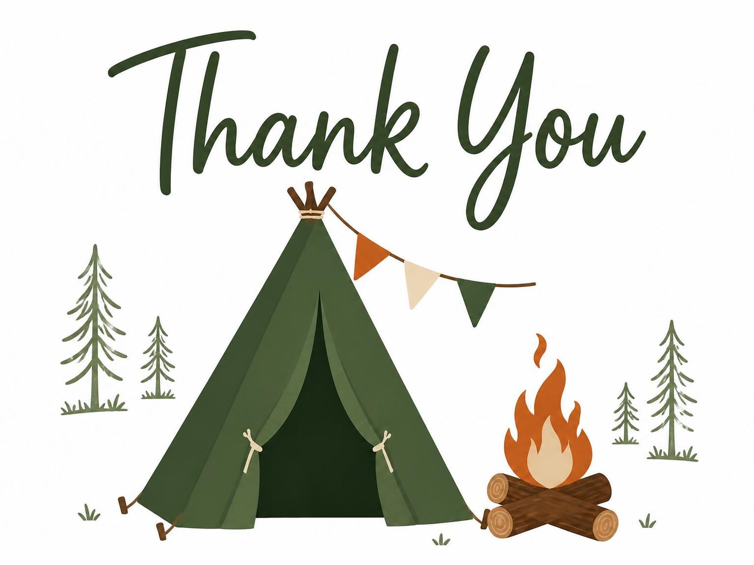 The matching thank-you card for the Forest Tent Camping 5th Birthday Invitation invitation