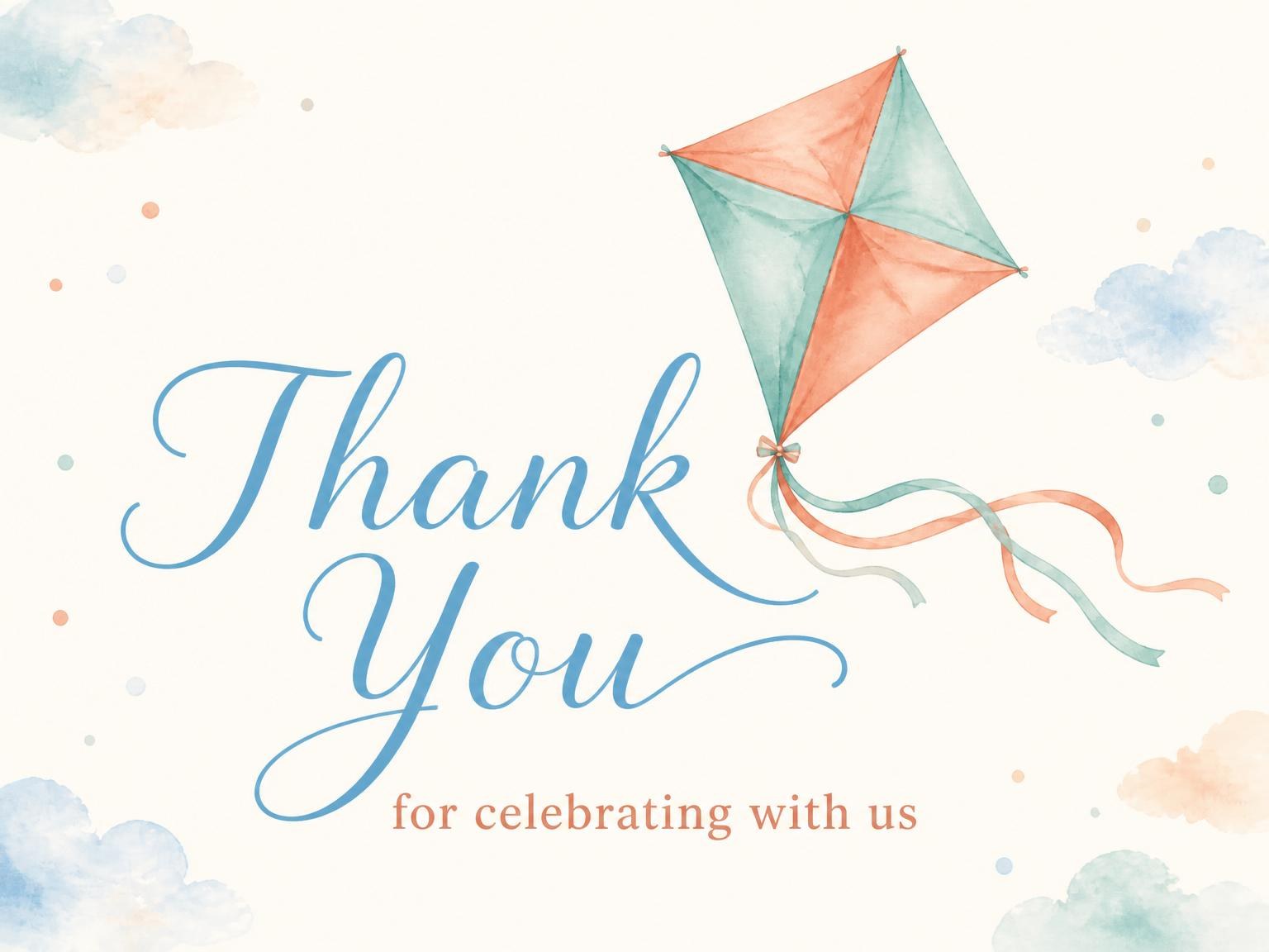 The matching thank-you card for the Peach and Blue Kite 5th Birthday invitation