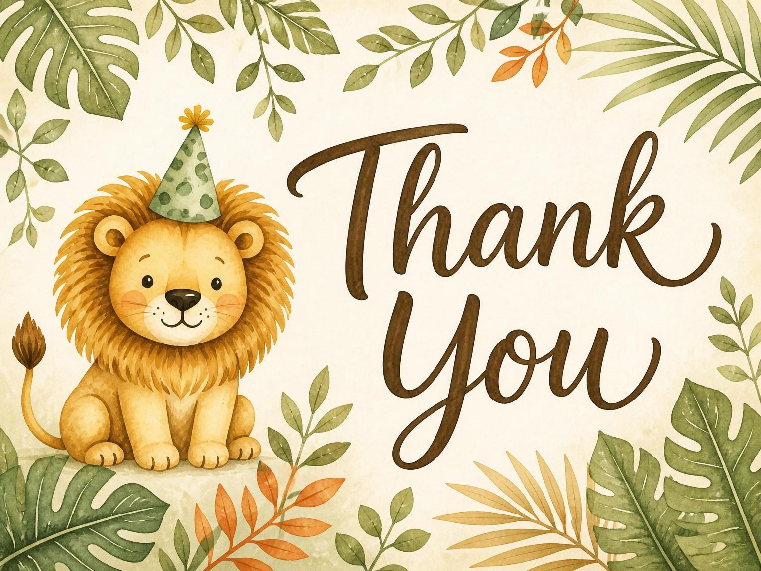The matching thank-you card for the Watercolor Lion Safari 5th Birthday invitation