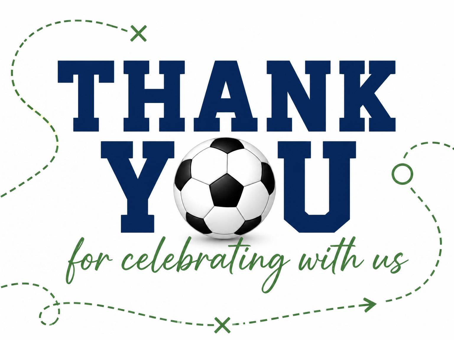 The matching thank-you card for the Navy Soccer Ball 5th Birthday invitation