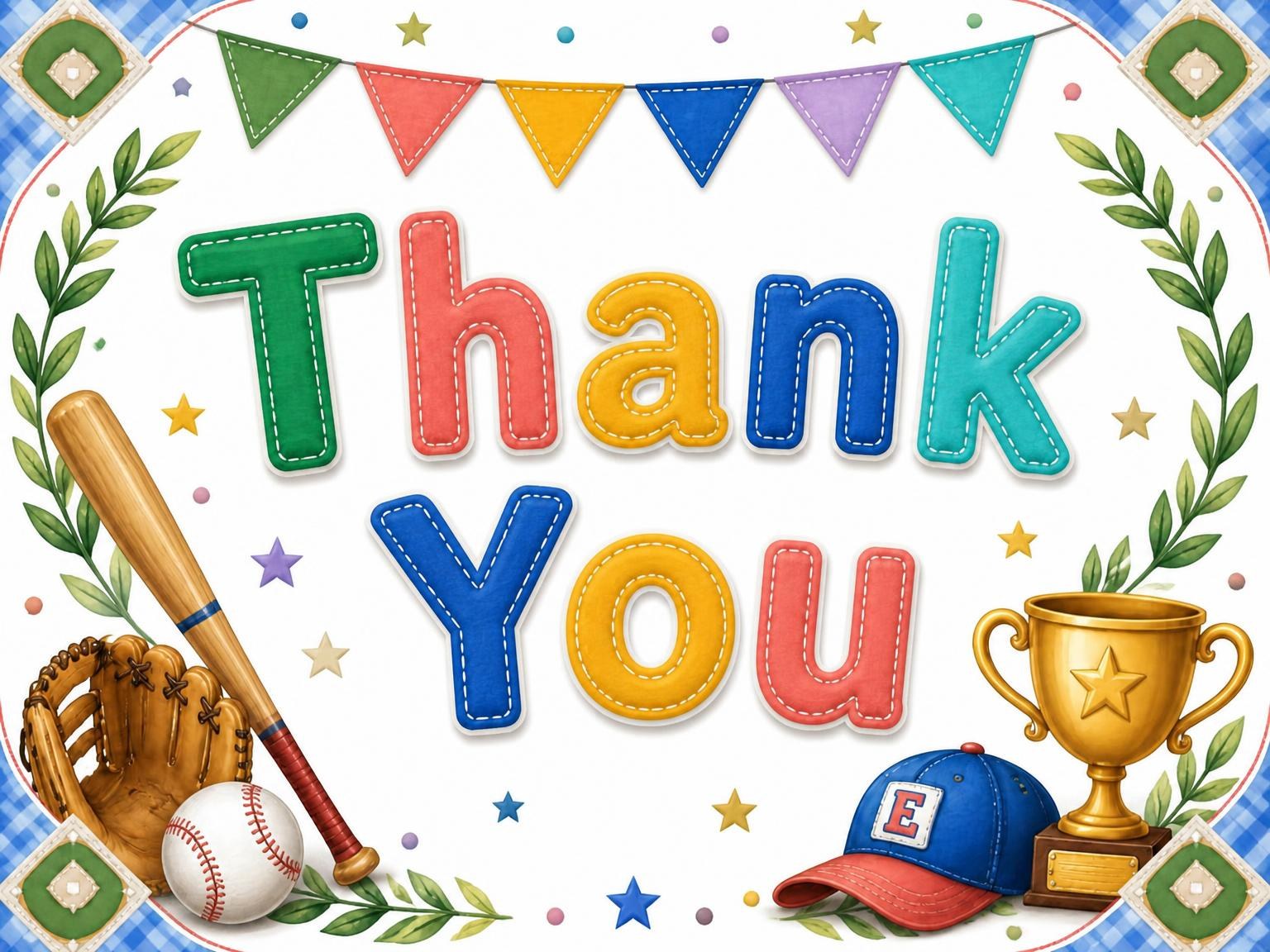 The matching thank-you card for the Stitched Baseball 8th Birthday Invitation invitation
