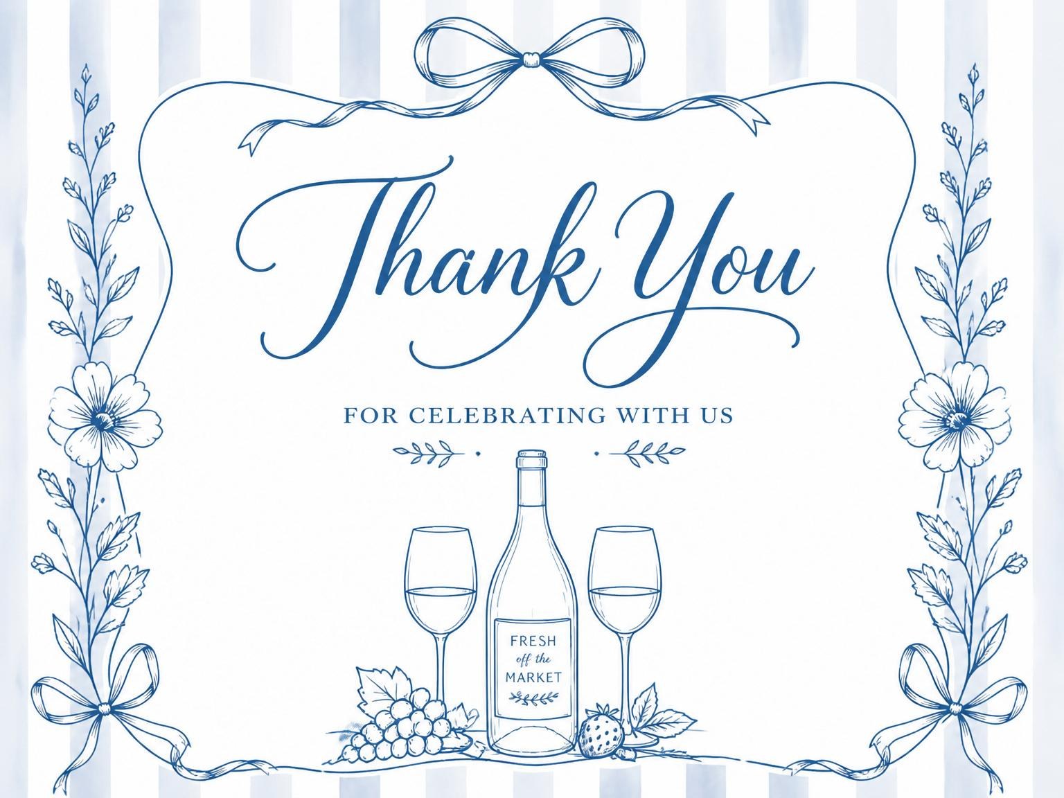 The matching thank-you card for the Blue Toile Wine Bridal Brunch invitation
