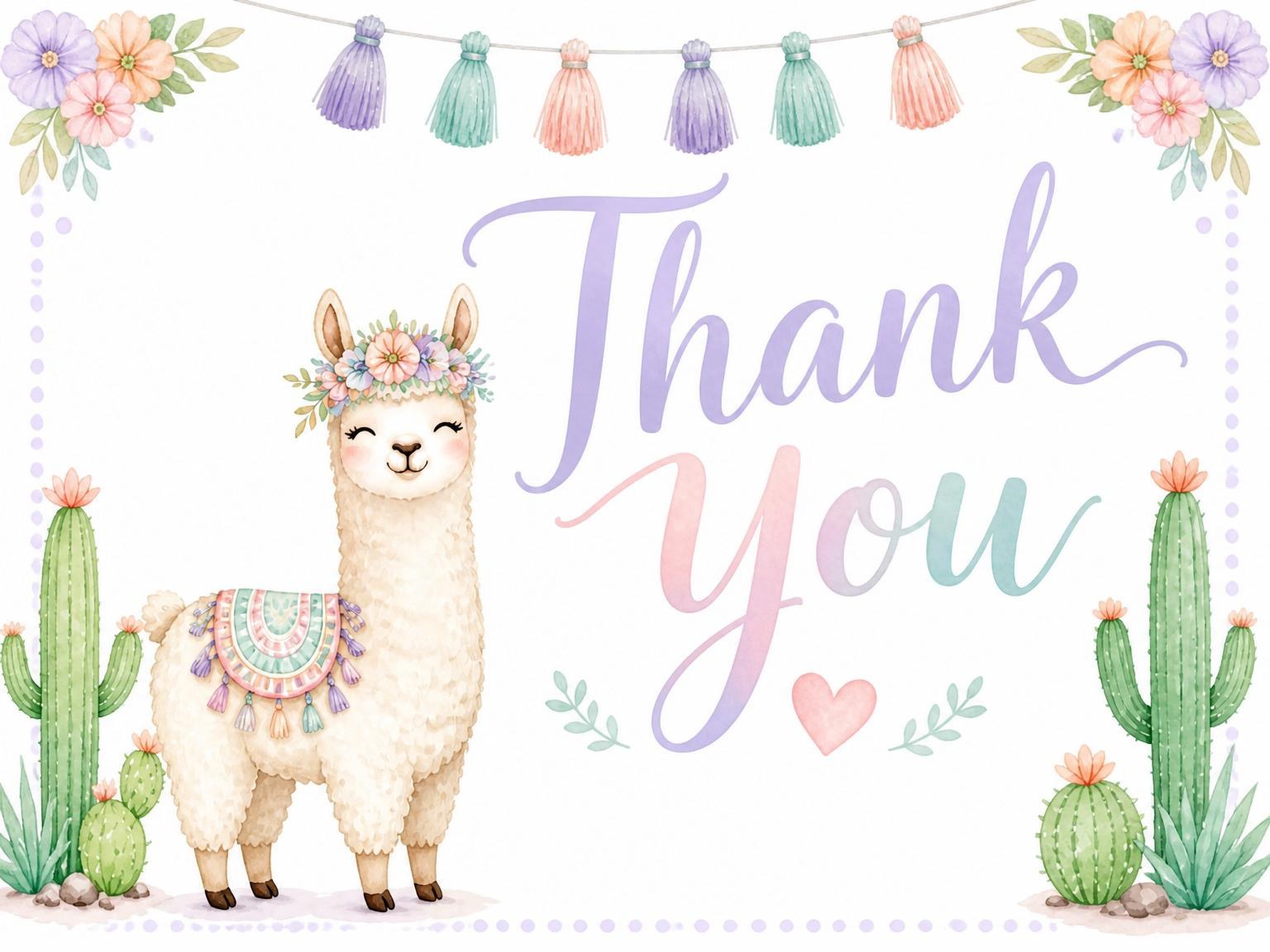 The matching thank-you card for the Pastel Watercolor Llama 5th Birthday invitation