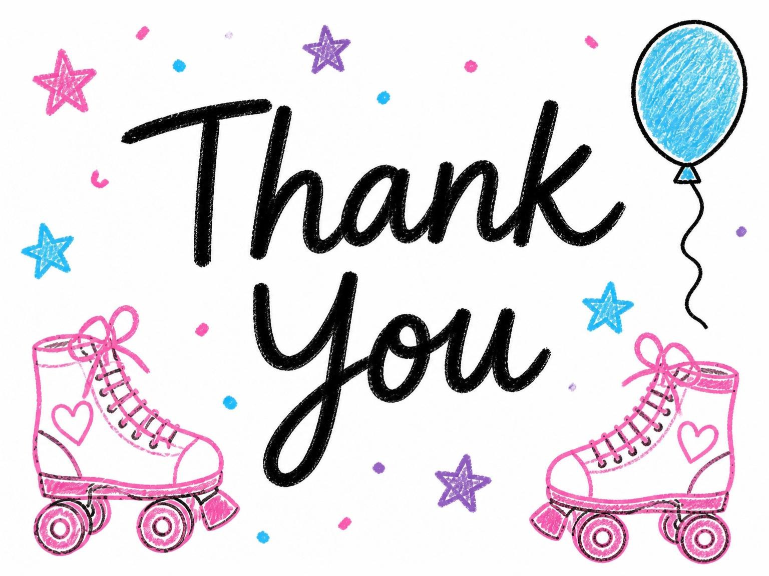 The matching thank-you card for the Pink Crayon Roller Skate 1st Birthday invitation