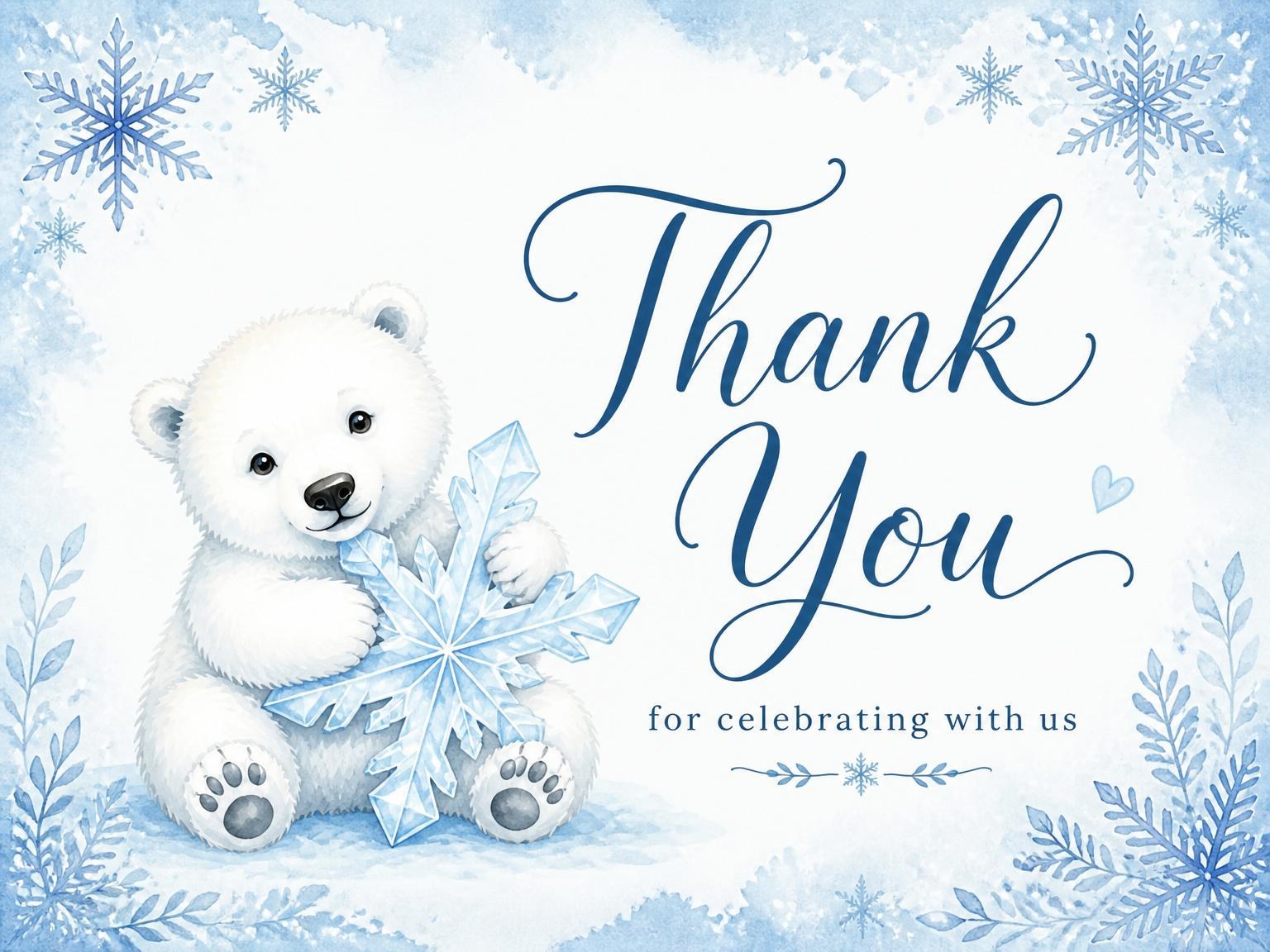 The matching thank-you card for the Blue Watercolor Polar Bear 1st Birthday invitation