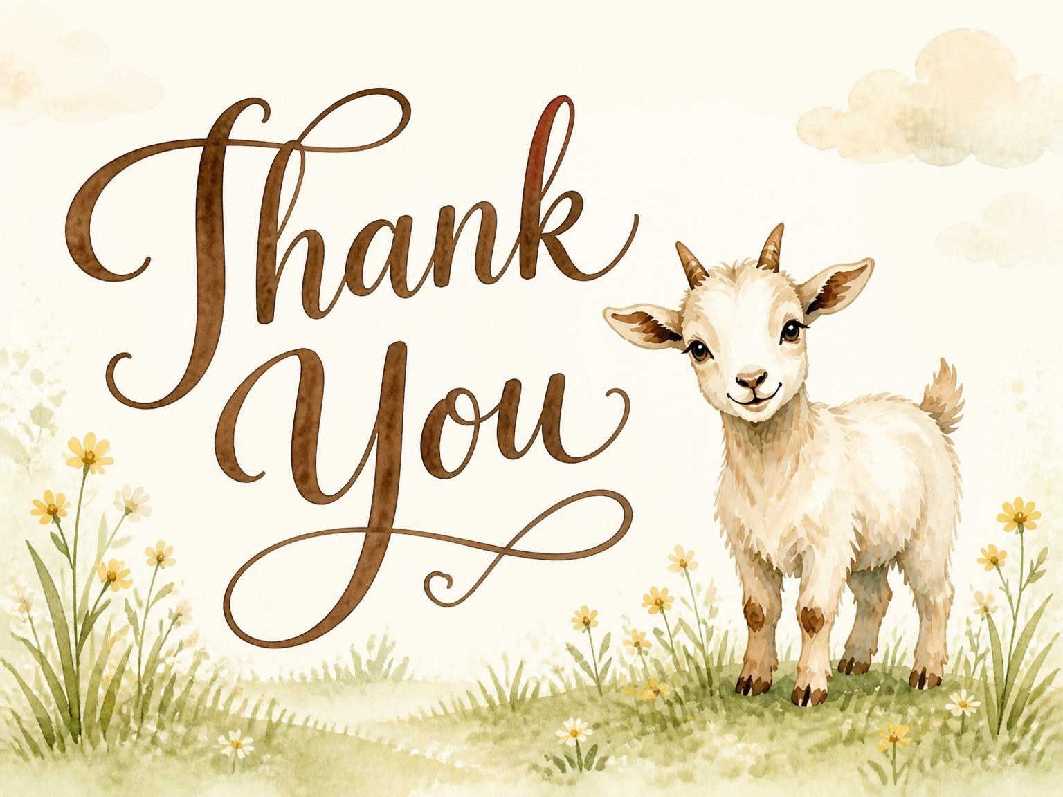 The matching thank-you card for the Watercolor Baby Goat Meadow 3rd Birthday invitation