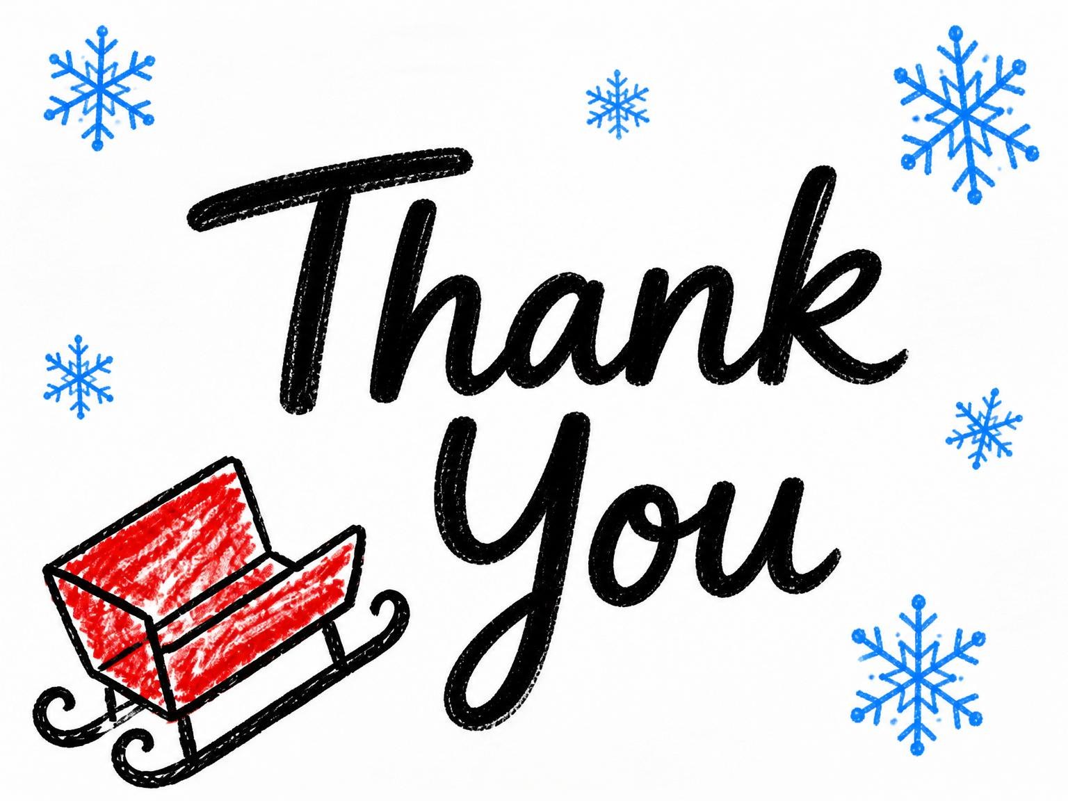 The matching thank-you card for the Crayon Sled and Snowflake 7th Birthday invitation