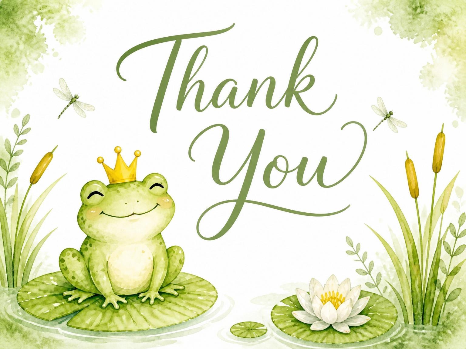 The matching thank-you card for the Watercolor Frog Lily Pad 7th Birthday invitation