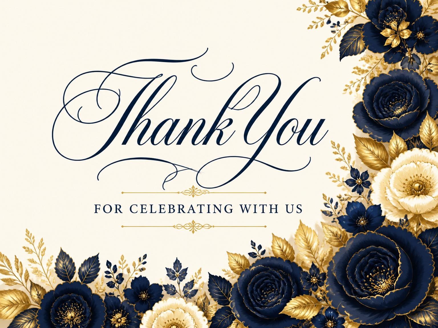 The matching thank-you card for the Navy and Gold Rose Bridal Shower invitation