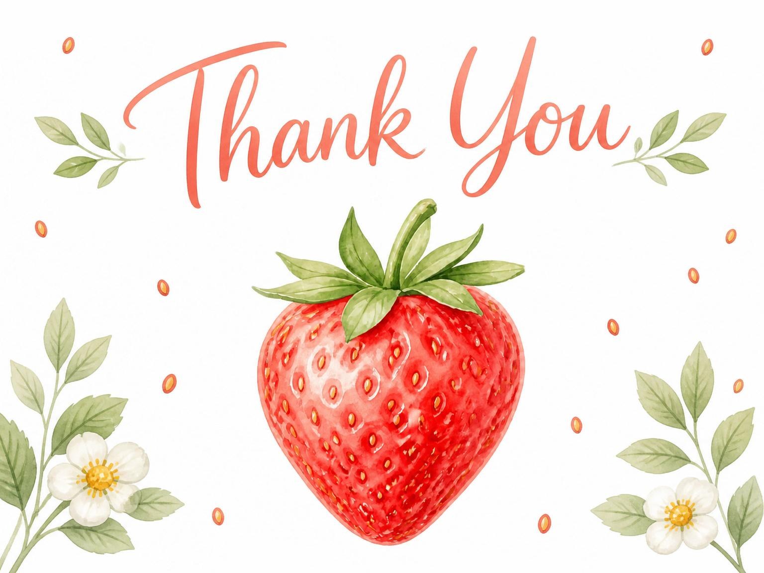 The matching thank-you card for the Watercolor Strawberry First Birthday Invitation invitation