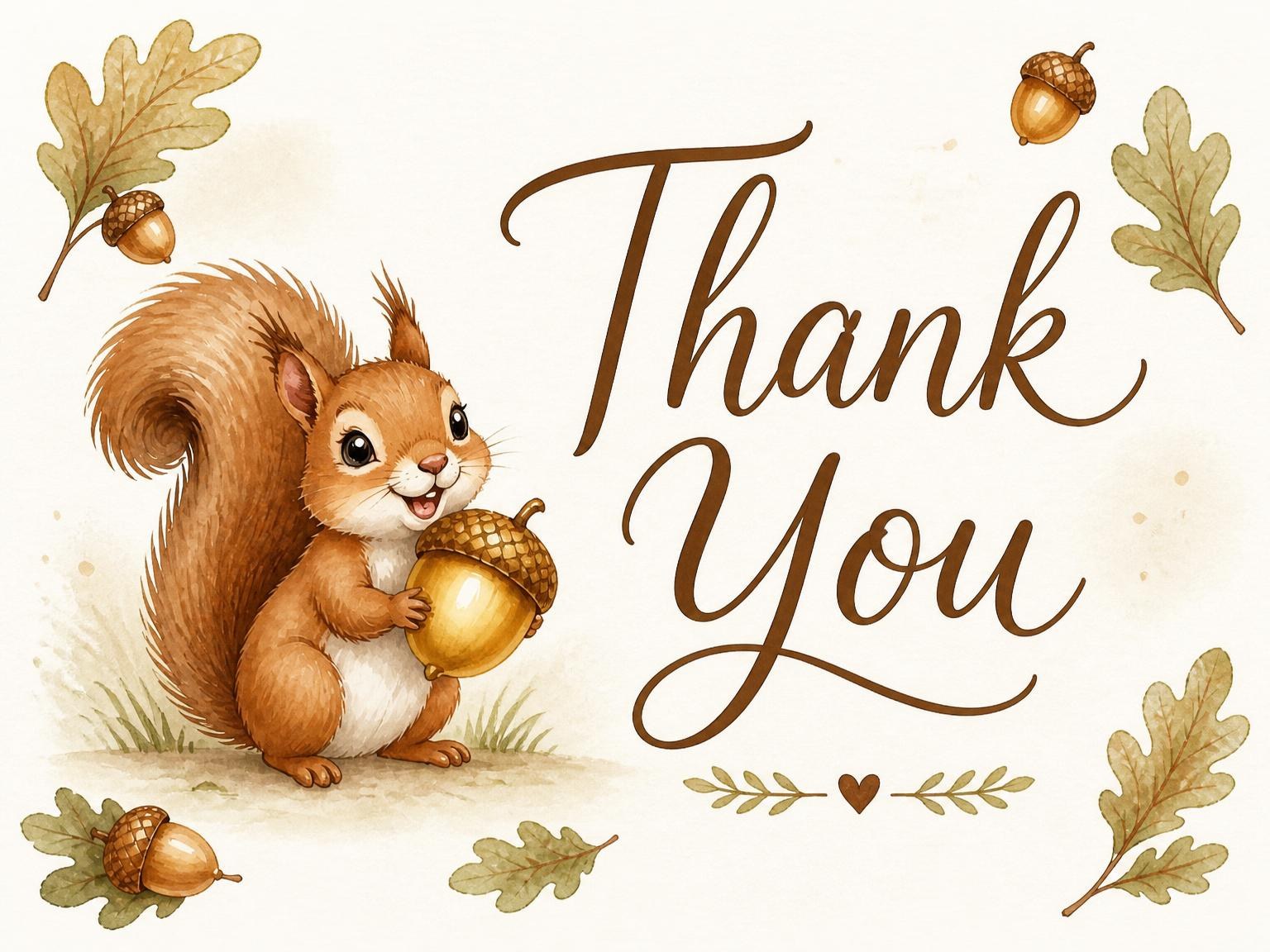 The matching thank-you card for the Watercolor Squirrel Acorn 5th Birthday invitation