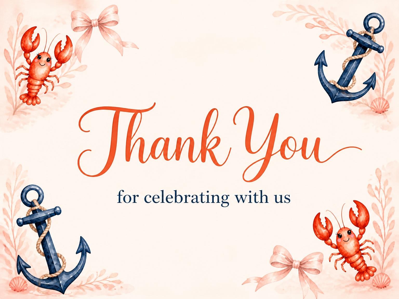 The matching thank-you card for the Watercolor Lobster Anchor 2nd Birthday Invitation invitation