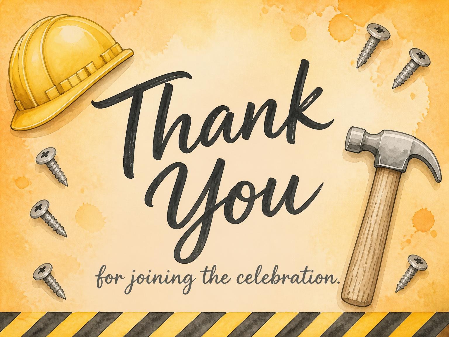 The matching thank-you card for the Watercolor Construction Tools 10th Birthday invitation